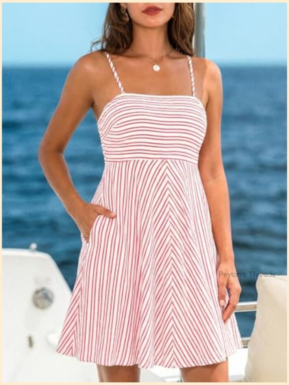 Smocked Square Neck Striped Mini Dress with Pockets - Picture 5 of 7